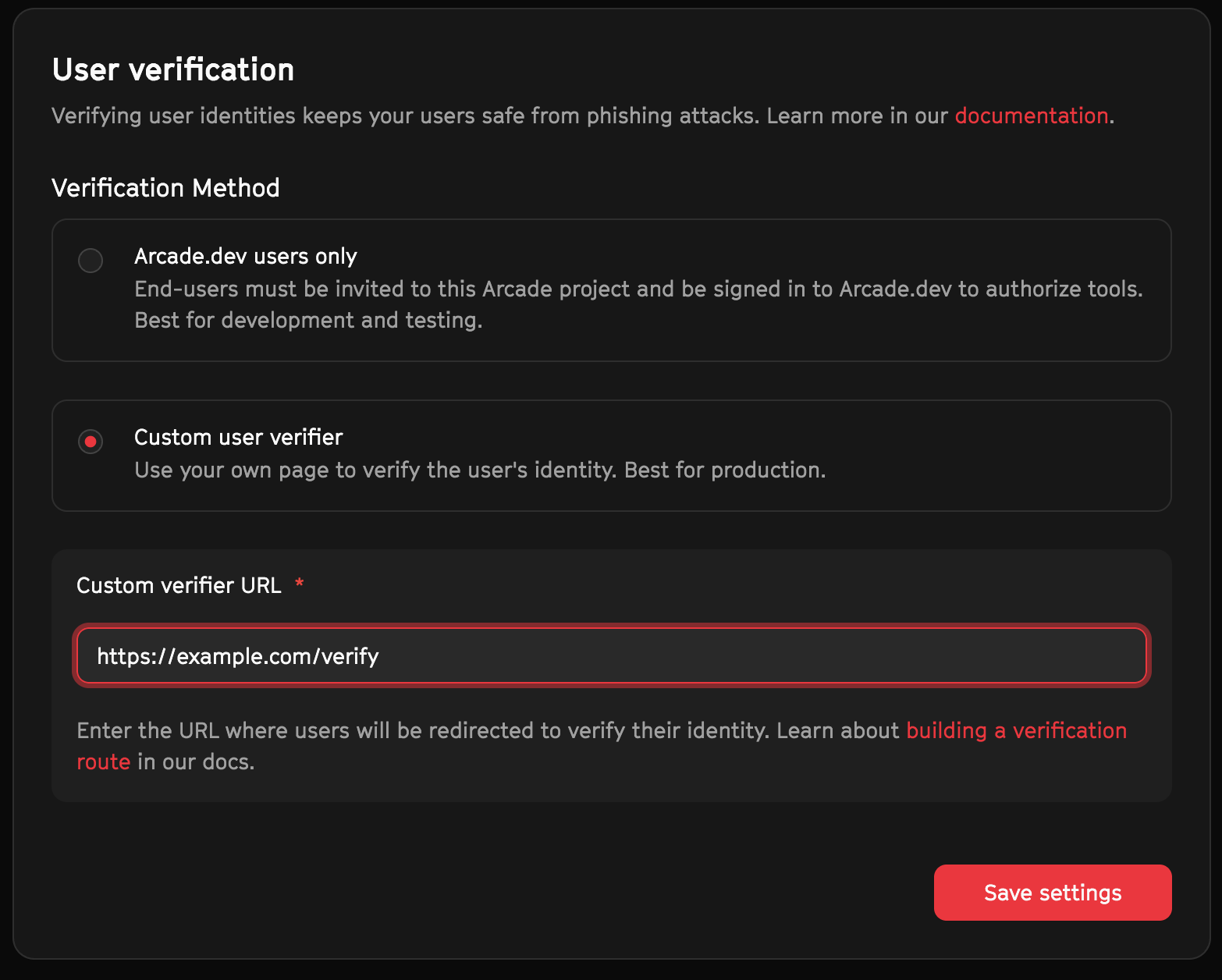 An image showing how to pick the custom verifier option in the Arcade Dashboard